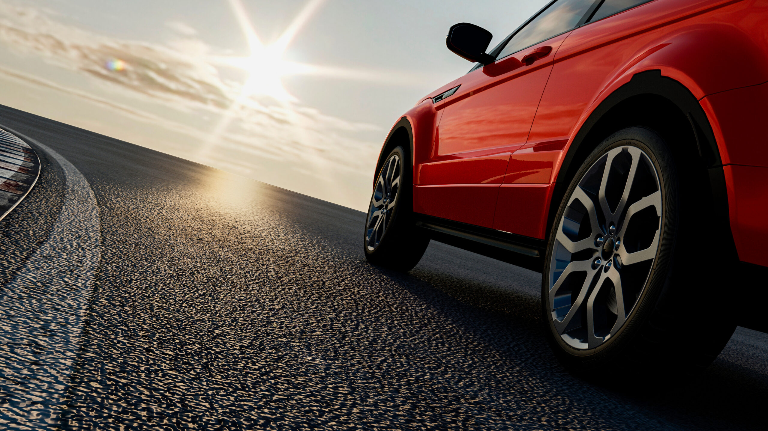3d car sedan rides on the road to meet the sun, concept 3d rende