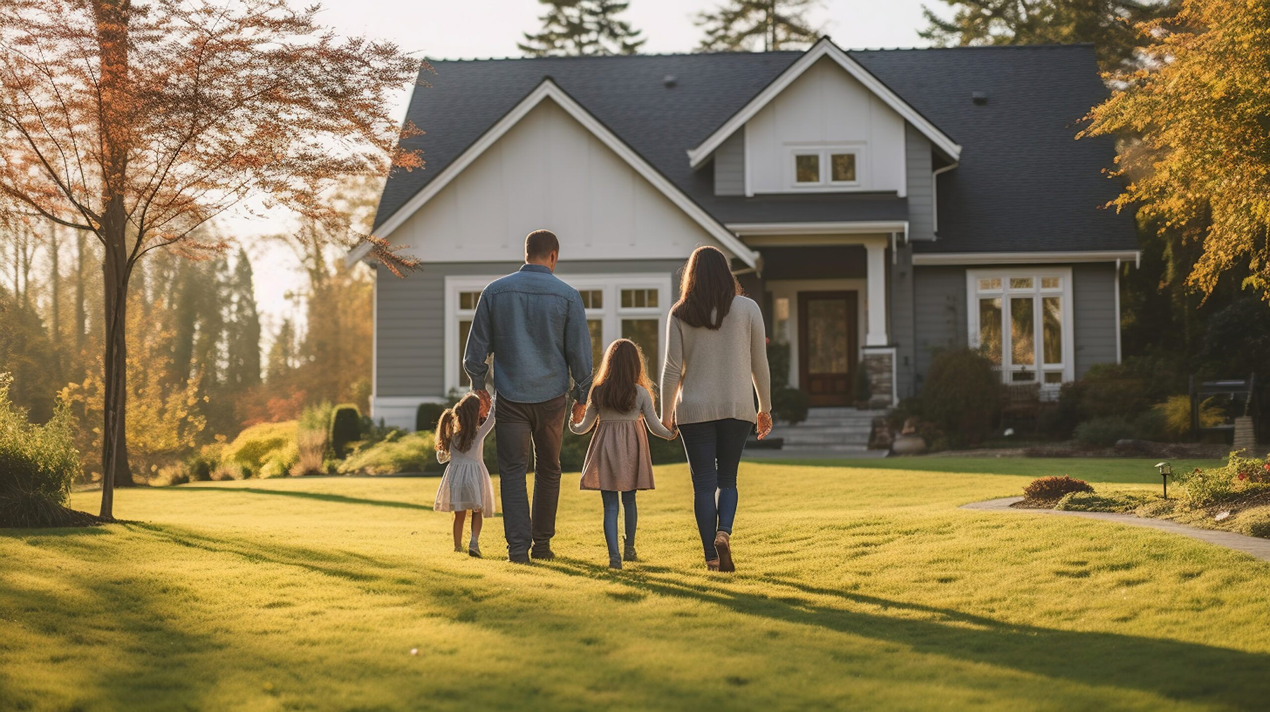 Rear View, Young family looking at their new home standing, real estate purchase, Generative AI